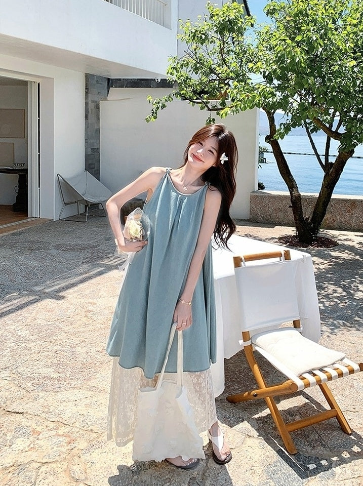 Soft Denim Lace Camisole And Wide Leg Pants Set