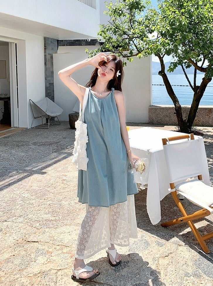 Soft Denim Lace Camisole And Wide Leg Pants Set