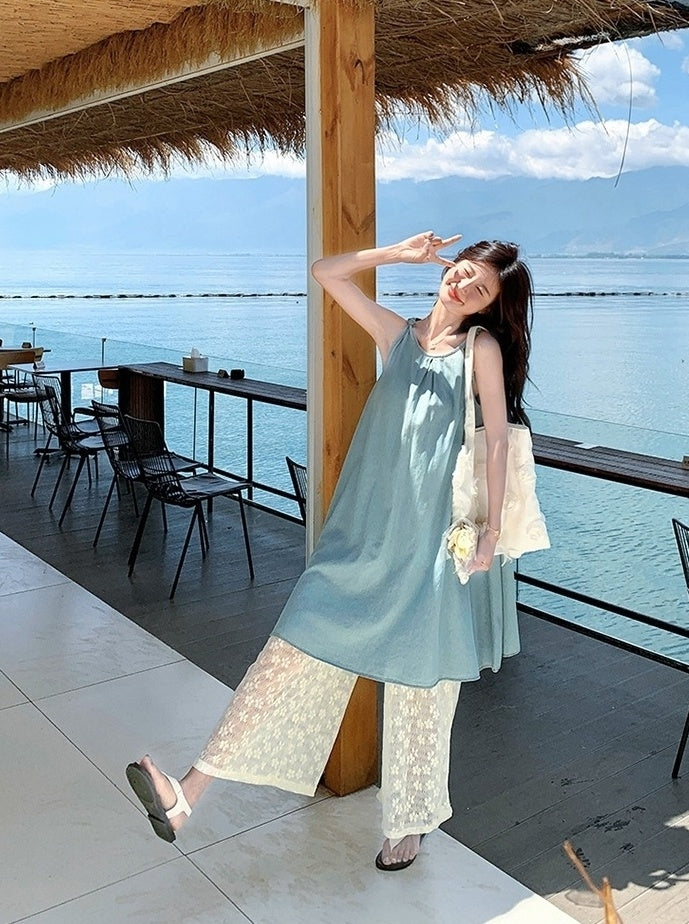 Soft Denim Lace Camisole And Wide Leg Pants Set