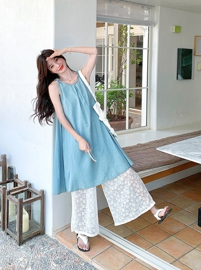Soft Denim Lace Camisole And Wide Leg Pants Set