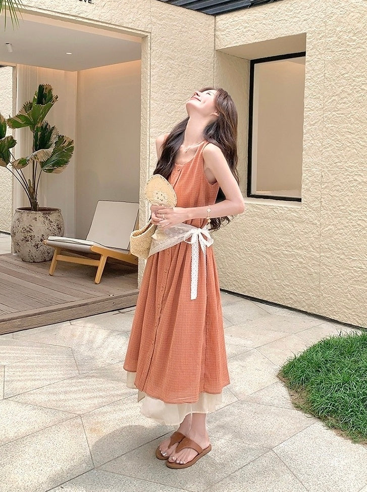 Soft Pink Plaid Sleeveless Dress Summer Style