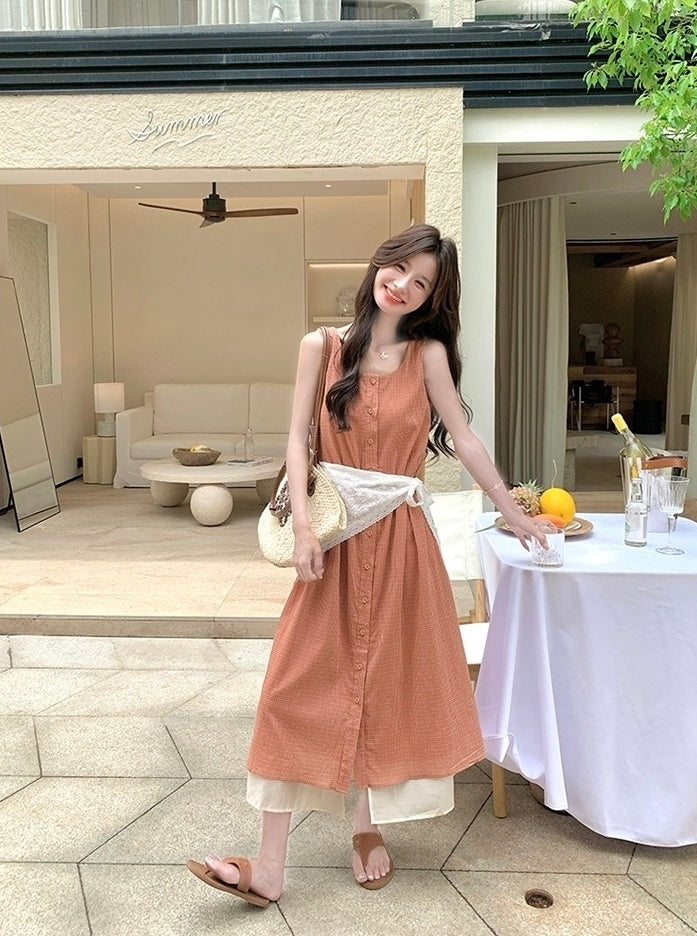 Soft Pink Plaid Sleeveless Dress Summer Style