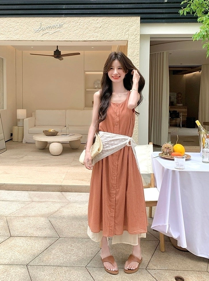 Soft Pink Plaid Sleeveless Dress Summer Style