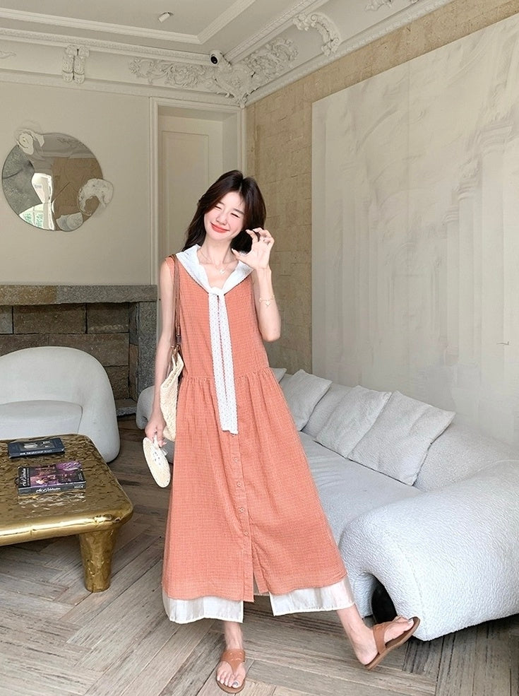 Soft Pink Plaid Sleeveless Dress Summer Style