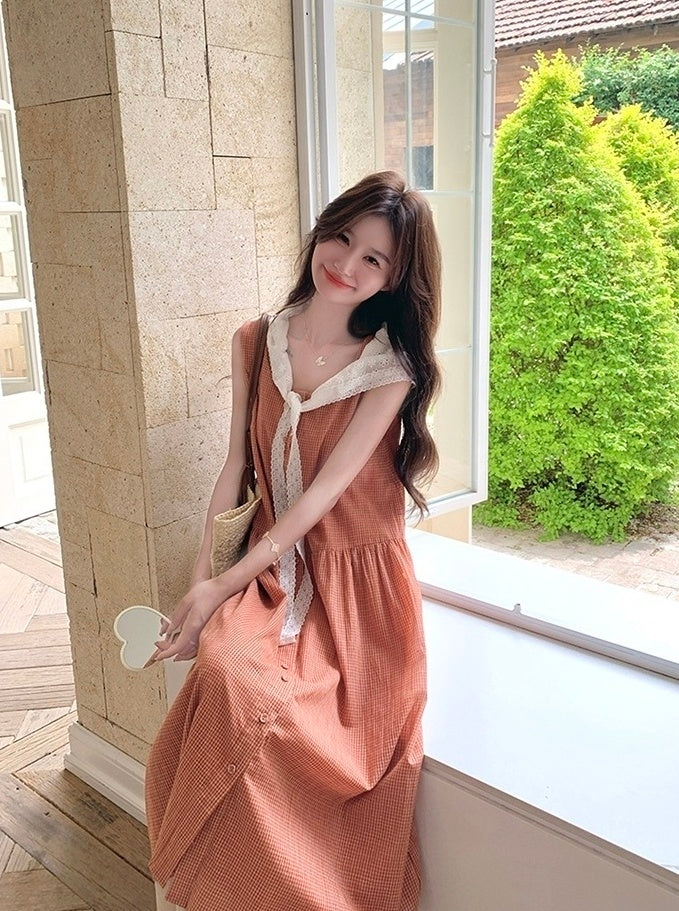 Soft Pink Plaid Sleeveless Dress Summer Style
