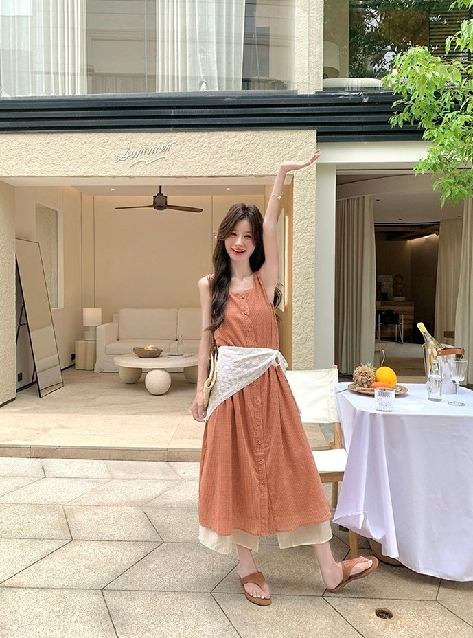 Soft Pink Plaid Sleeveless Dress Summer Style