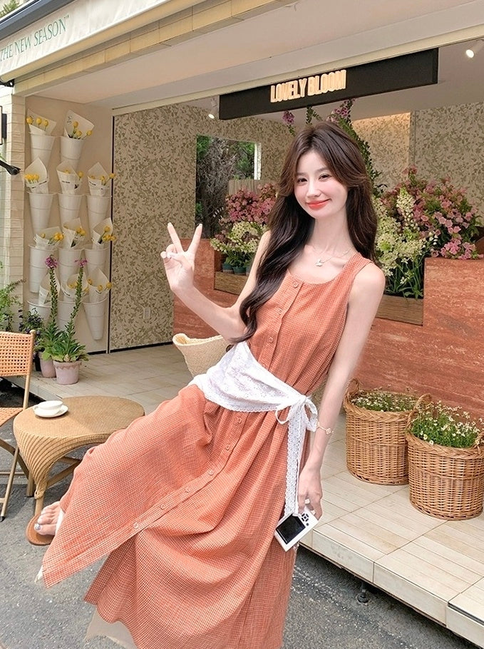 Soft Pink Plaid Sleeveless Dress Summer Style
