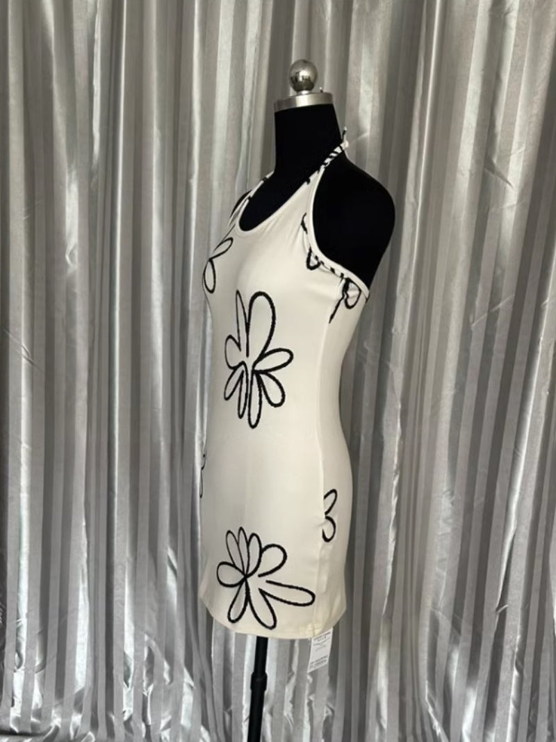 Beige Flower Print Halter Dress