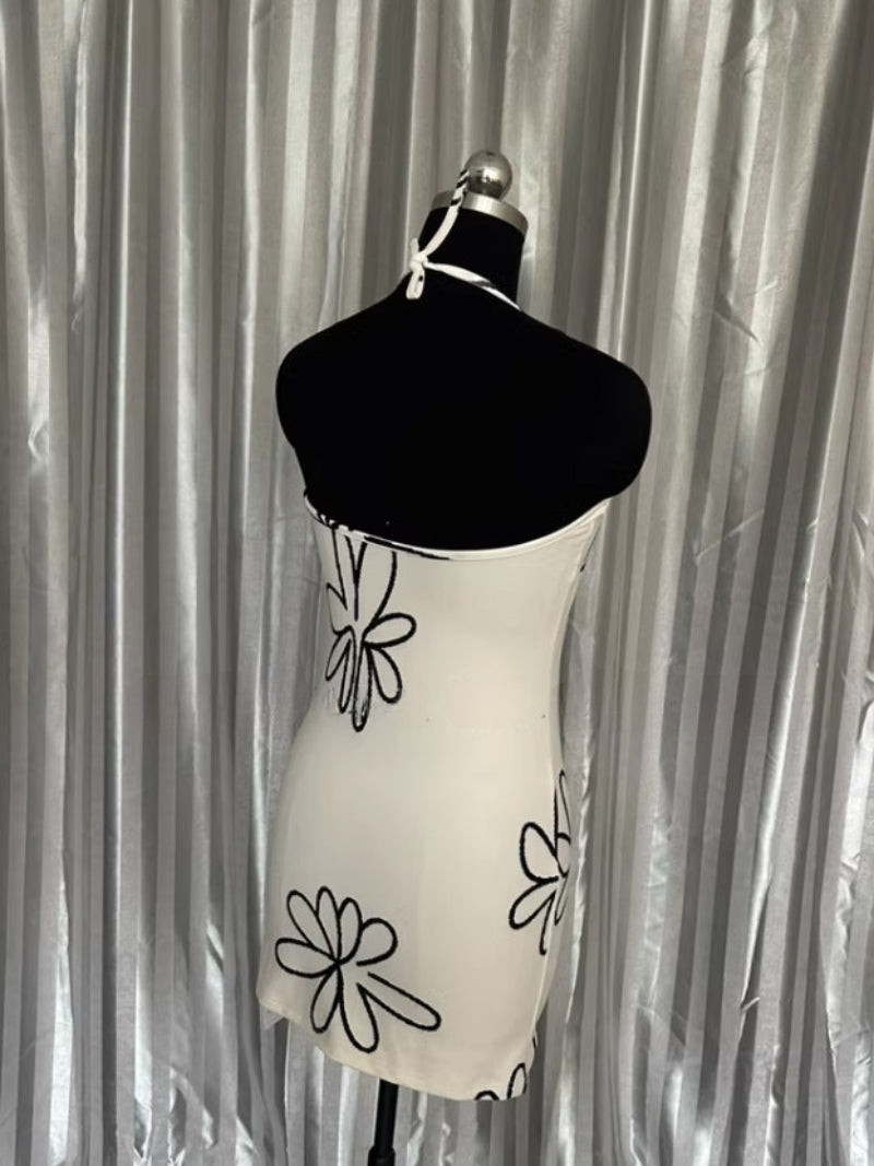 Beige Flower Print Halter Dress