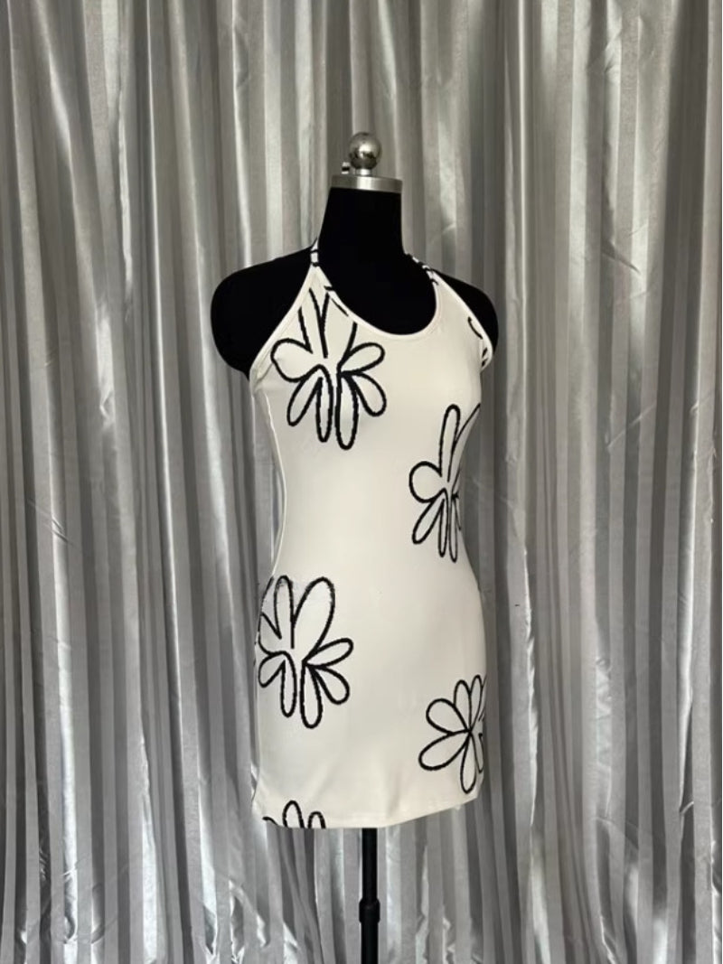 Beige Flower Print Halter Dress