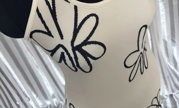 Beige Flower Print Halter Dress