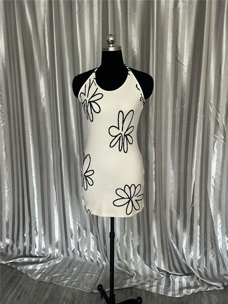 Beige Flower Print Halter Dress