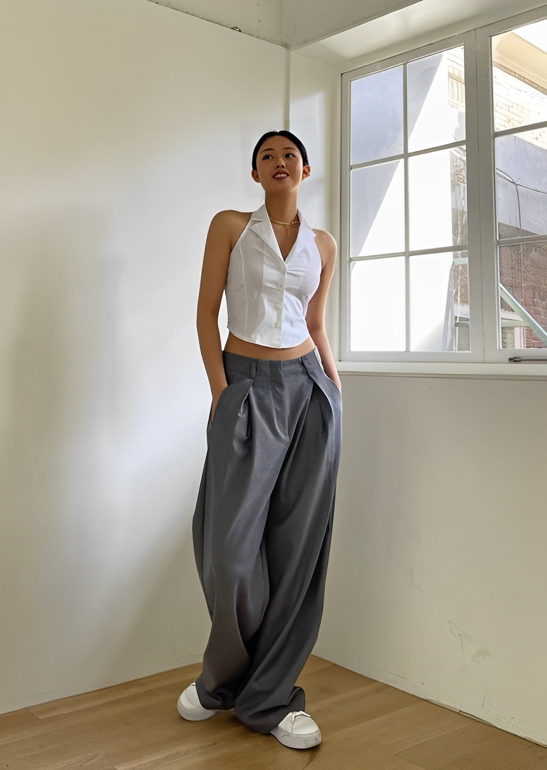 White Collared Sleeveless Halter Top