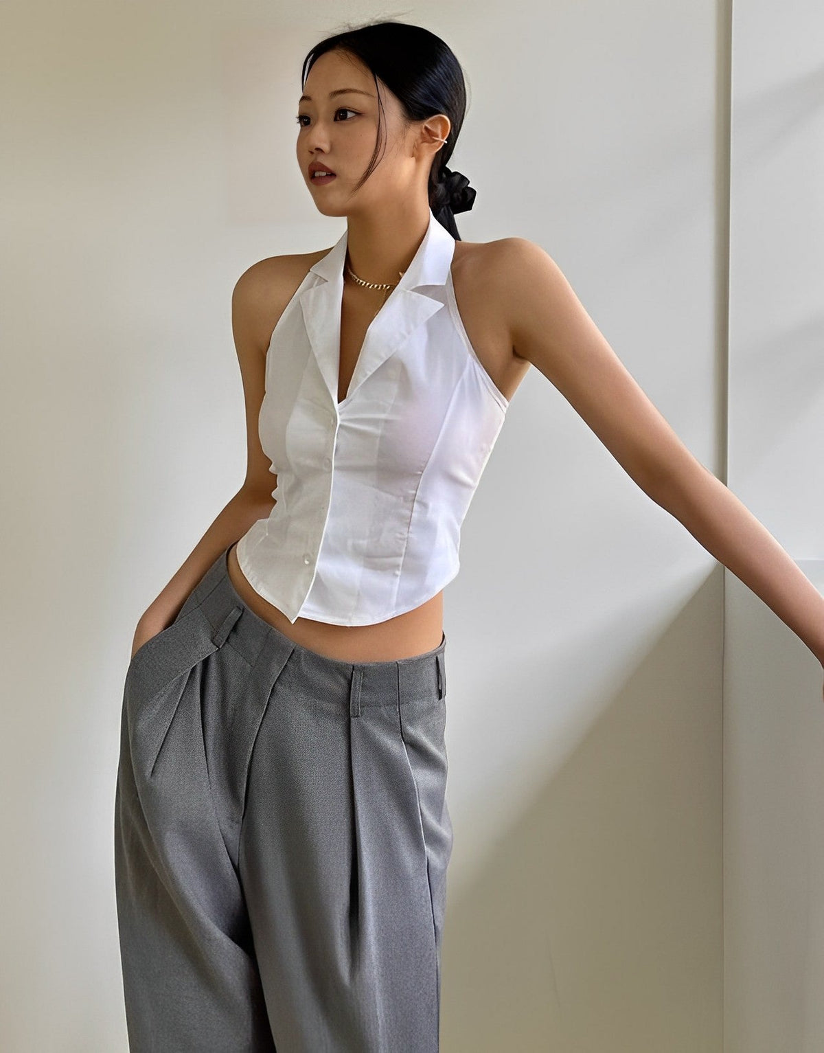 White Collared Sleeveless Halter Top