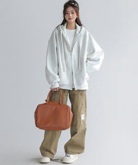 Solid Color Hooded Zip Up Casual Sweatshirt