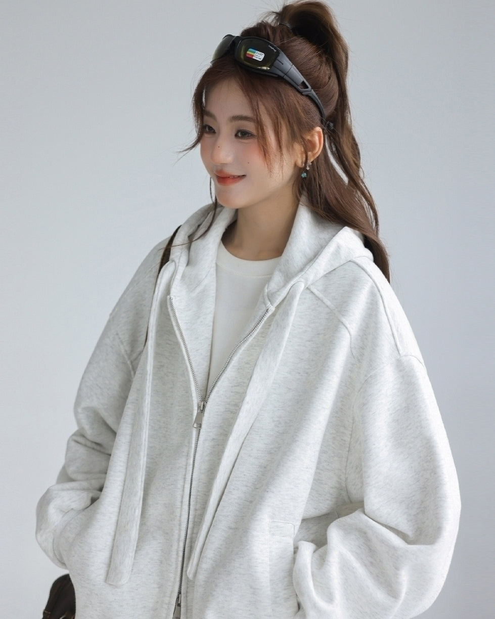 Solid Color Hooded Zip Up Casual Sweatshirt