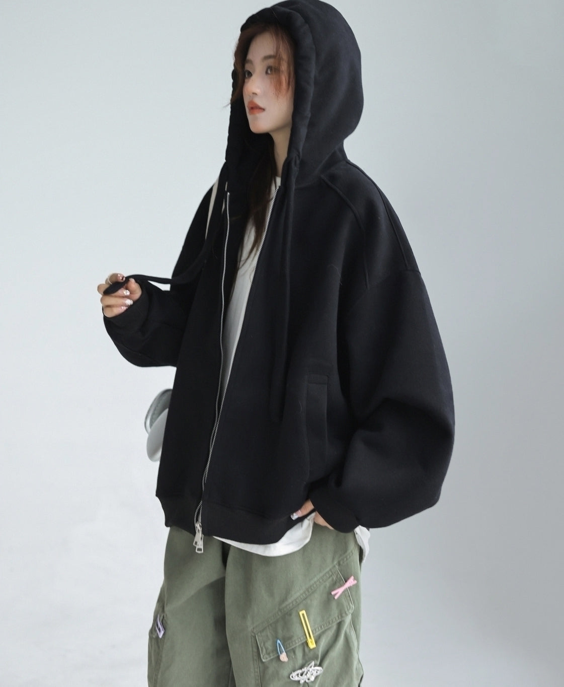 Solid Color Hooded Zip Up Casual Sweatshirt