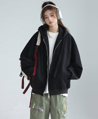 Solid Color Hooded Zip Up Casual Sweatshirt