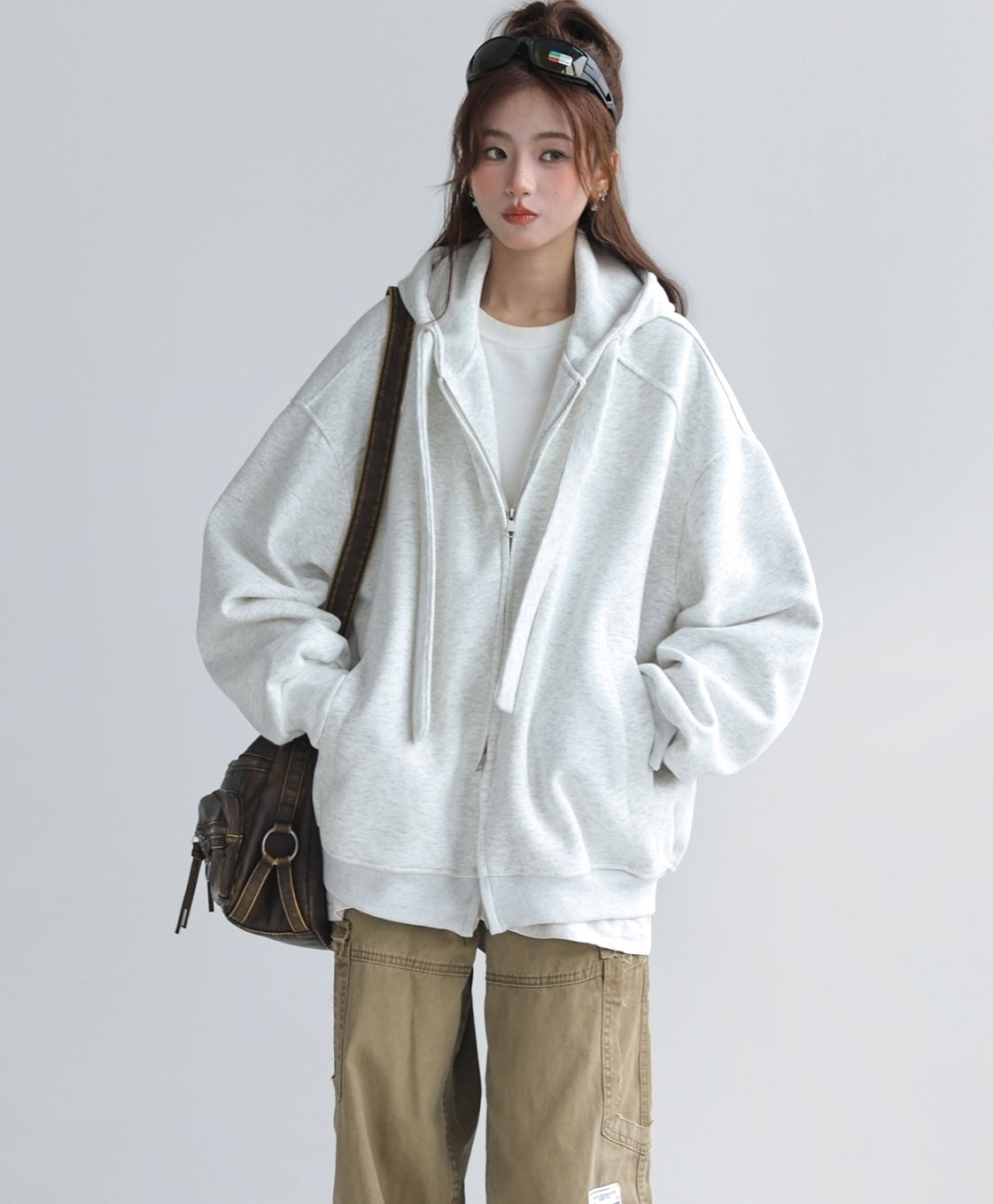 Solid Color Hooded Zip Up Casual Sweatshirt