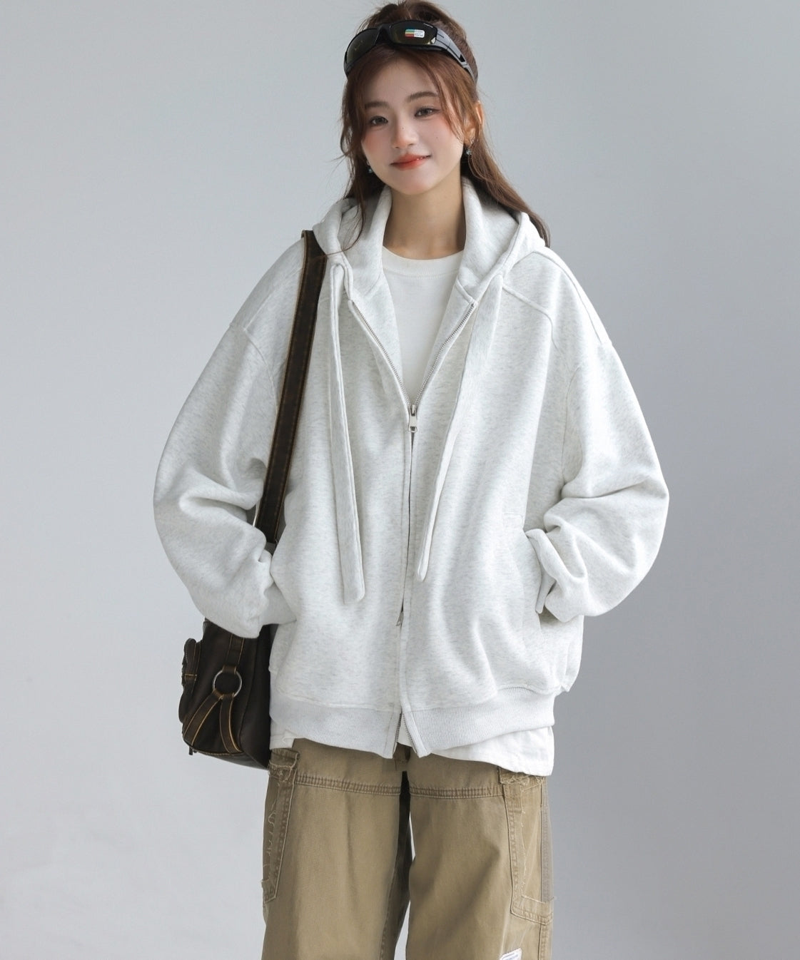 Solid Color Hooded Zip Up Casual Sweatshirt