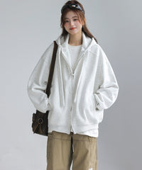 Solid Color Hooded Zip Up Casual Sweatshirt