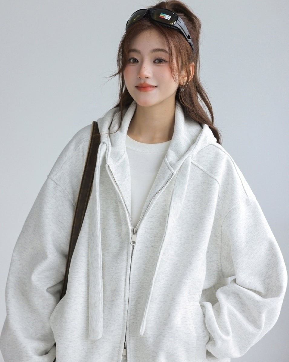 Solid Color Hooded Zip Up Casual Sweatshirt