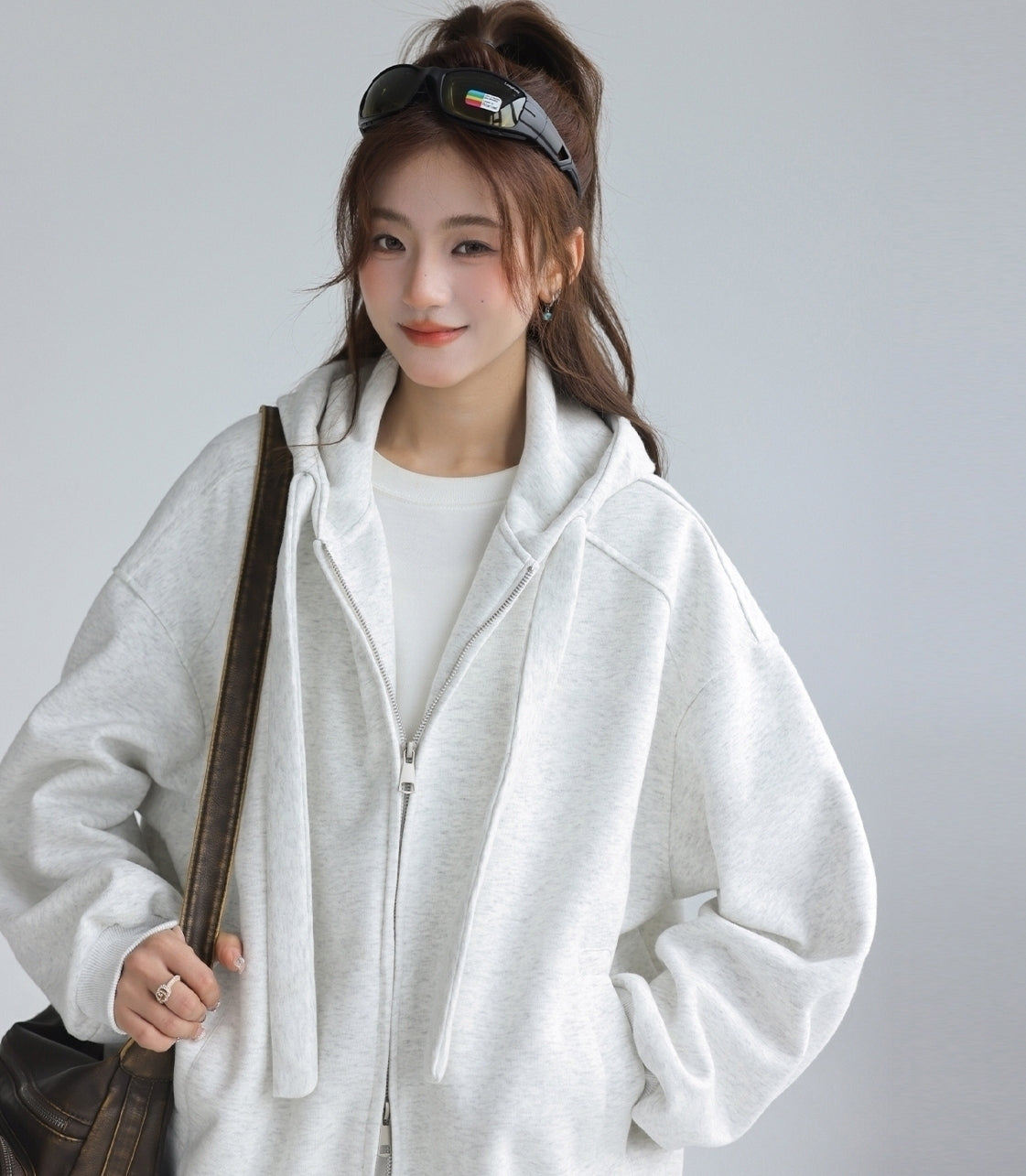 Solid Color Hooded Zip Up Casual Sweatshirt