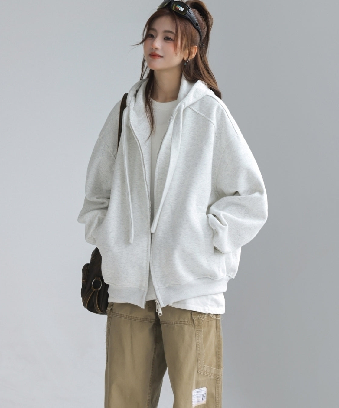 Solid Color Hooded Zip Up Casual Sweatshirt