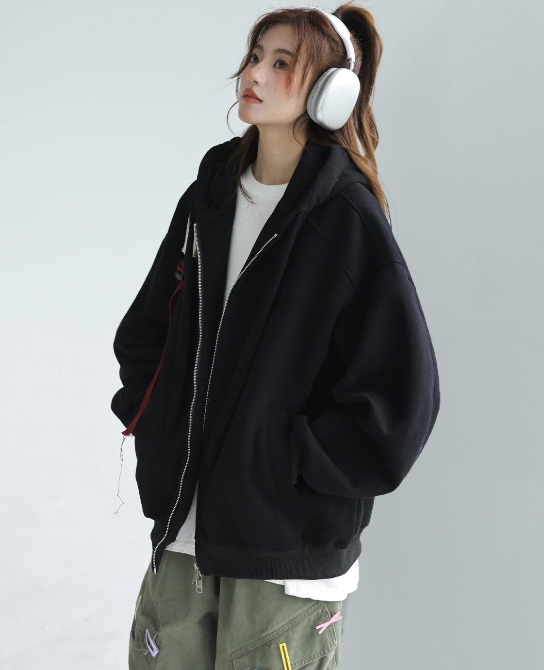 Solid Color Hooded Zip Up Casual Sweatshirt