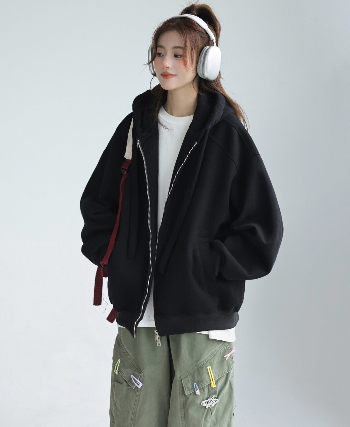 Solid Color Hooded Zip Up Casual Sweatshirt