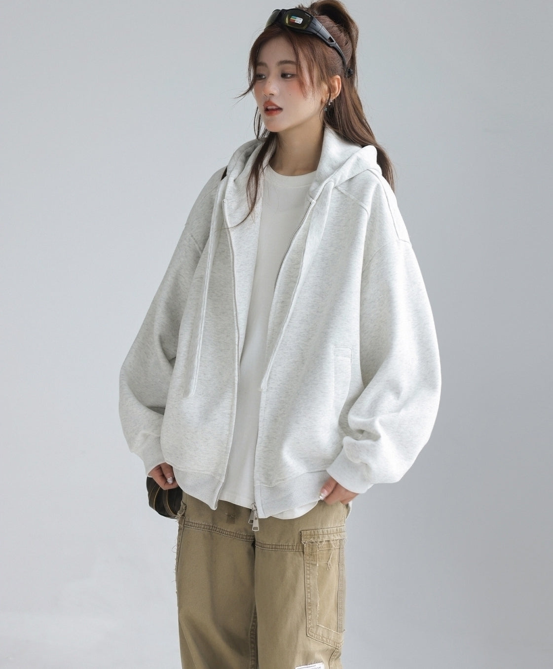 Solid Color Hooded Zip Up Casual Sweatshirt