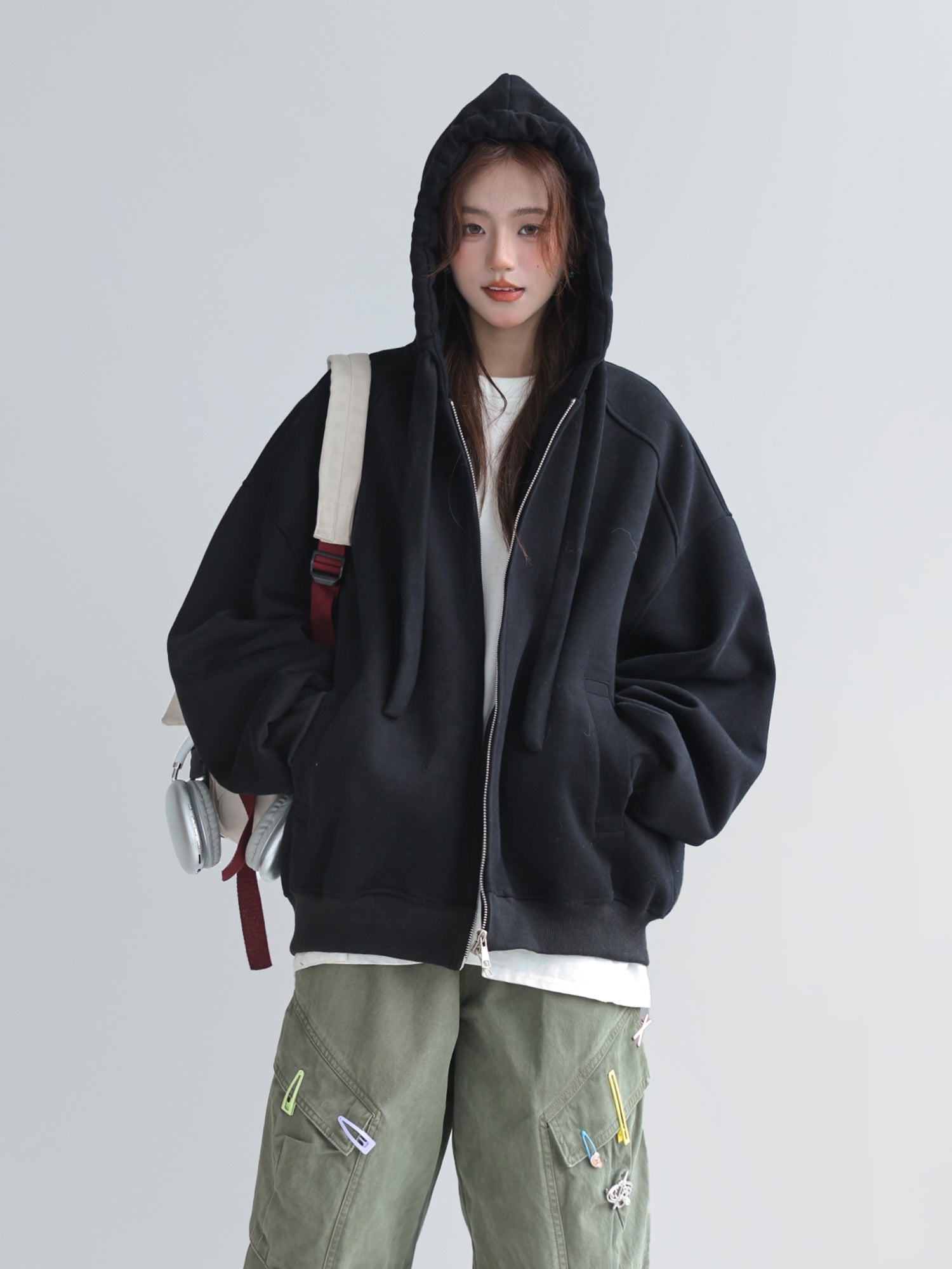 Solid Color Hooded Zip Up Casual Sweatshirt