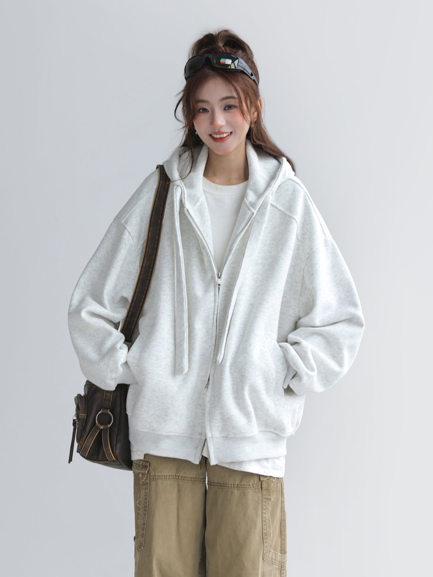 Solid Color Hooded Zip Up Casual Sweatshirt