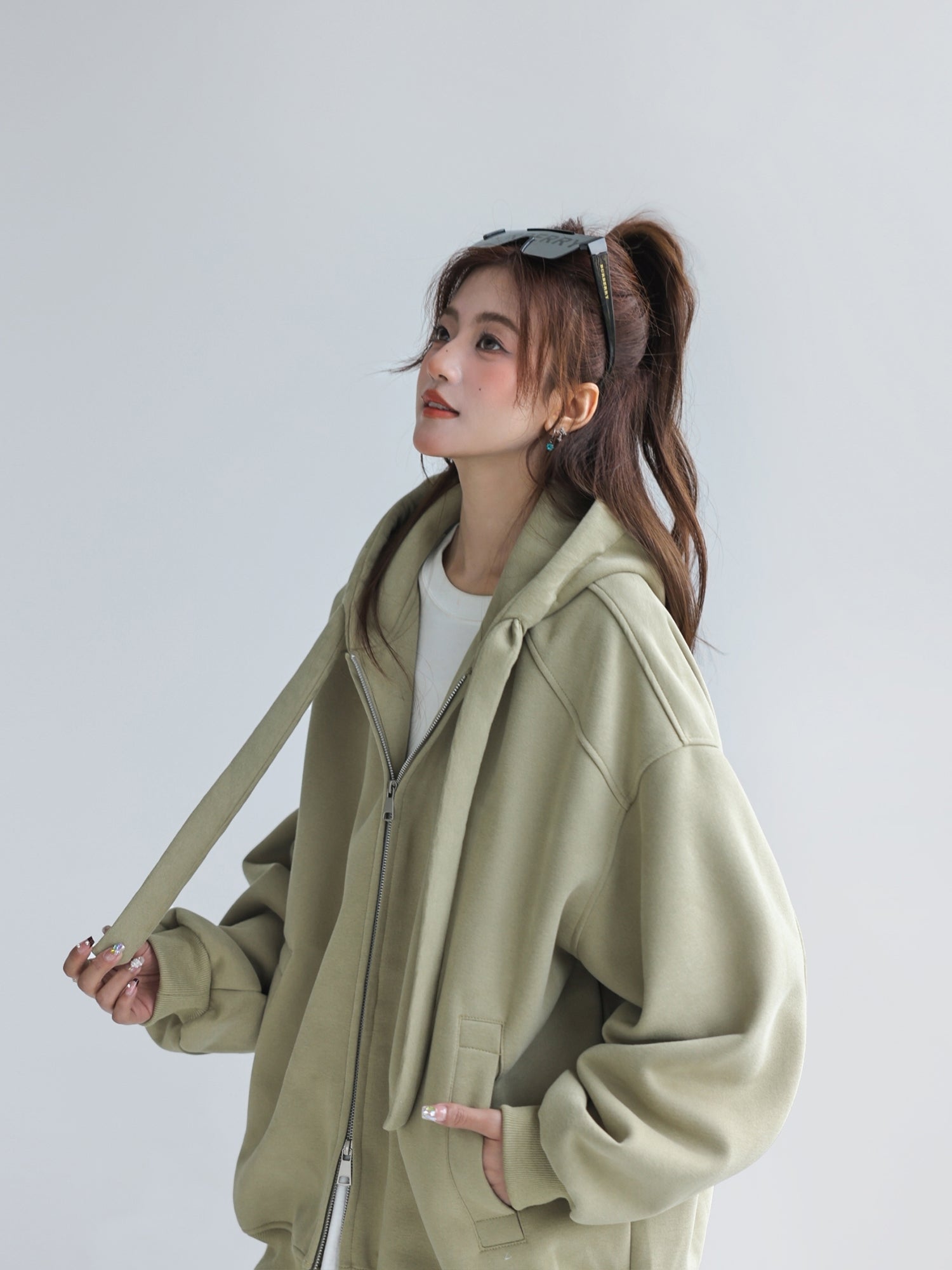 Solid Color Hooded Zip Up Casual Sweatshirt