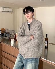 Solid Color Zip Stand Collar Knit Cardigan