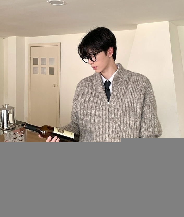 Solid Color Zip Stand Collar Knit Cardigan