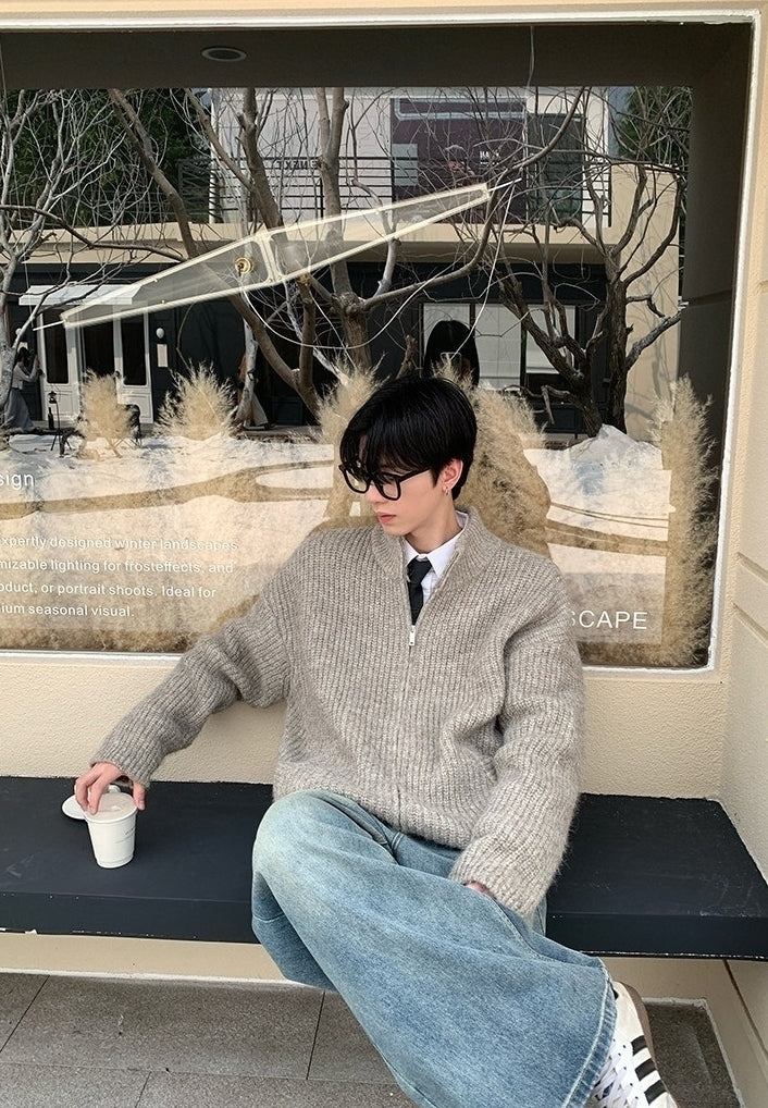 Solid Color Zip Stand Collar Knit Cardigan
