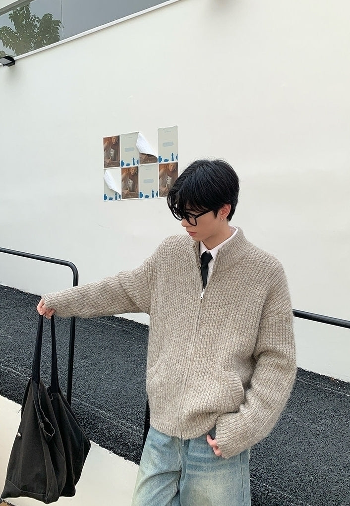 Solid Color Zip Stand Collar Knit Cardigan
