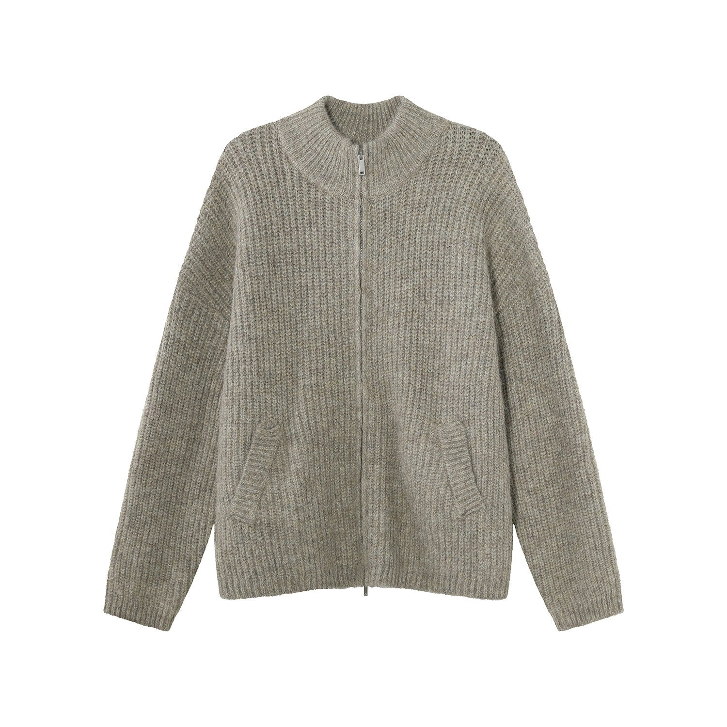 Solid Color Zip Stand Collar Knit Cardigan