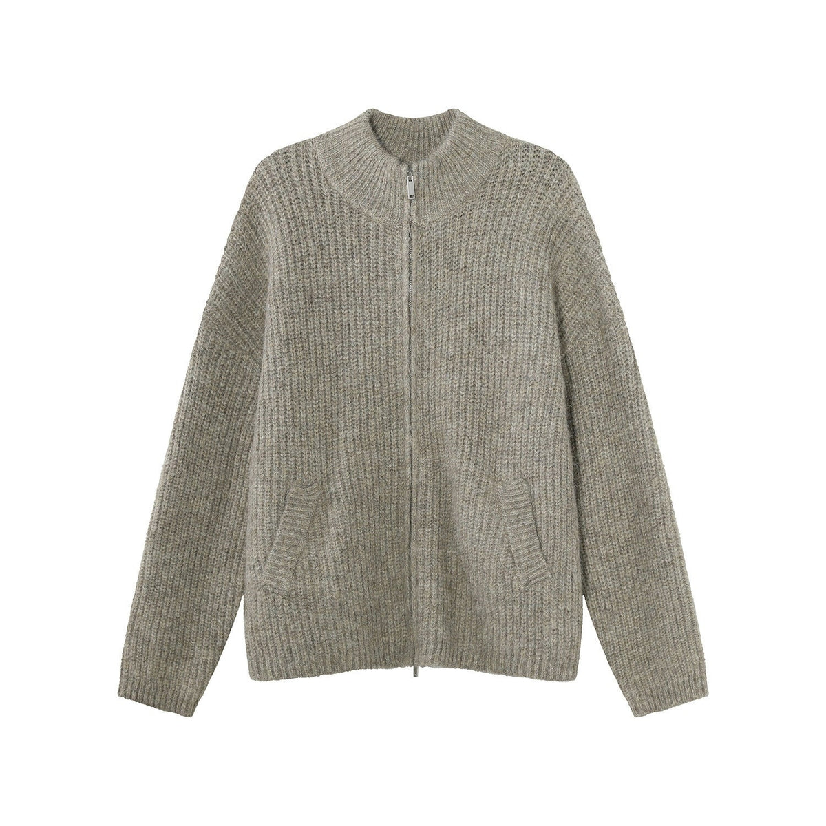 Solid Color Zip Stand Collar Knit Cardigan