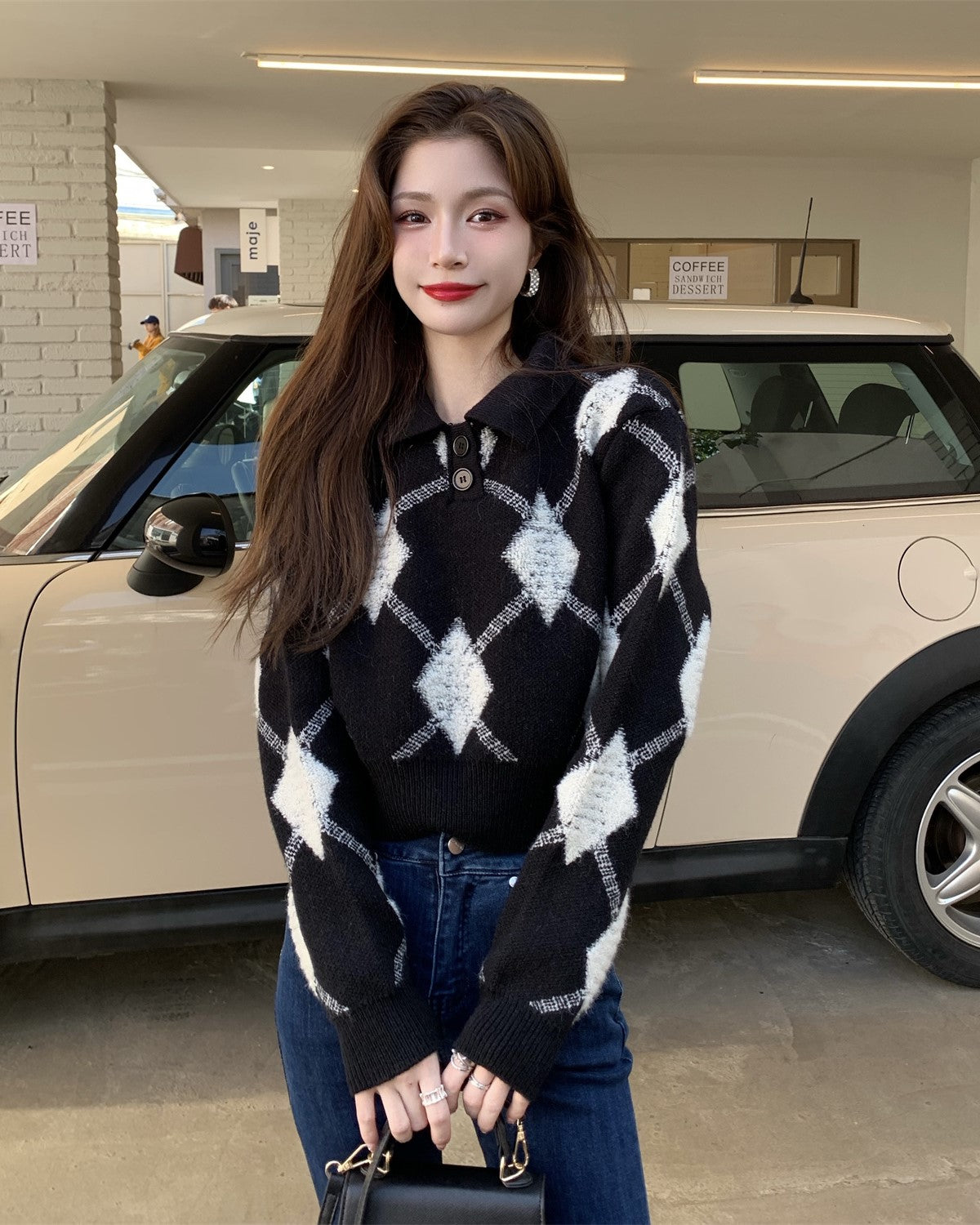 Black Collared Knit Sweater With Argyle Pattern