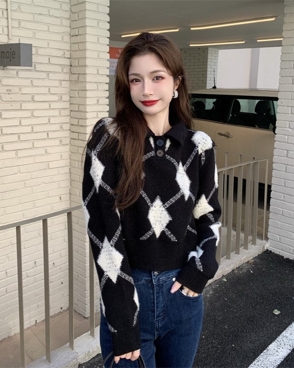 Black Collared Knit Sweater With Argyle Pattern
