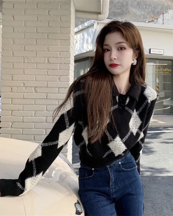 Black Collared Knit Sweater With Argyle Pattern