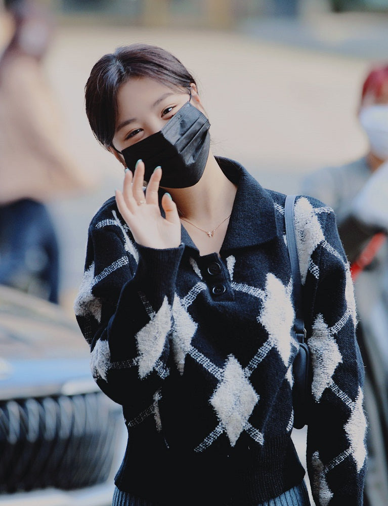 Black Collared Knit Sweater With Argyle Pattern