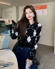 Black Collared Knit Sweater With Argyle Pattern