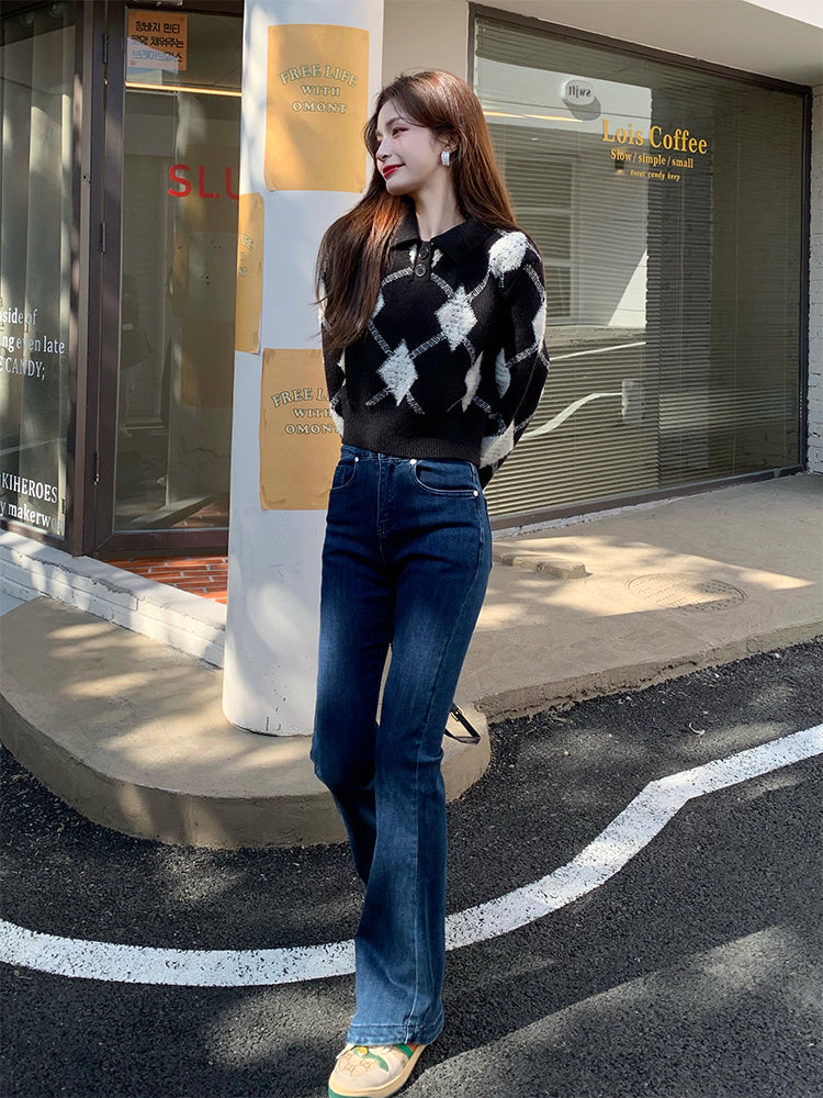 Black Collared Knit Sweater With Argyle Pattern