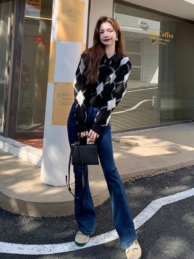 Black Collared Knit Sweater With Argyle Pattern