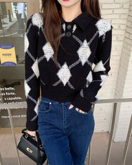 Black Collared Knit Sweater With Argyle Pattern