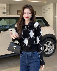 Black Collared Knit Sweater With Argyle Pattern