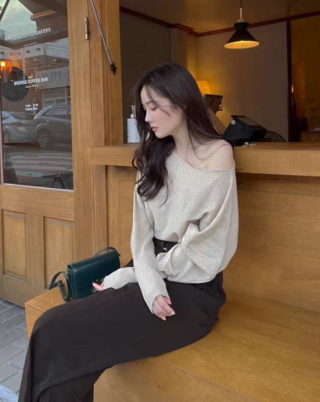 Beige One-Shoulder Sweater